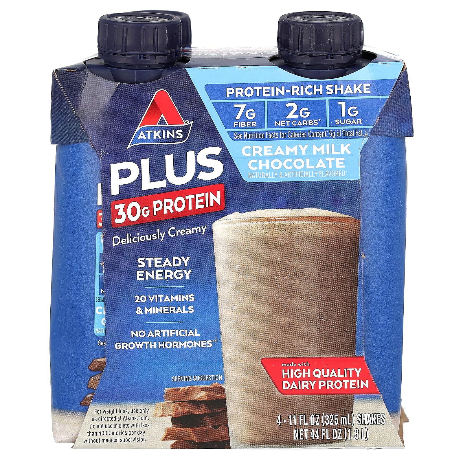 AtkinsPlus Protein & Fiber, Creamy Milk Chocolate, 4 Shakes, 11 fl oz (325 ml) Each