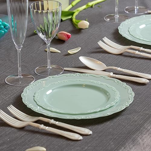 Miniatura 2 de Posh Setting Juego de platos de plástico desechables, platos de fiesta vintage, verde claro, salvia, paquete de 60 (30 invitados) 30 x 10.25