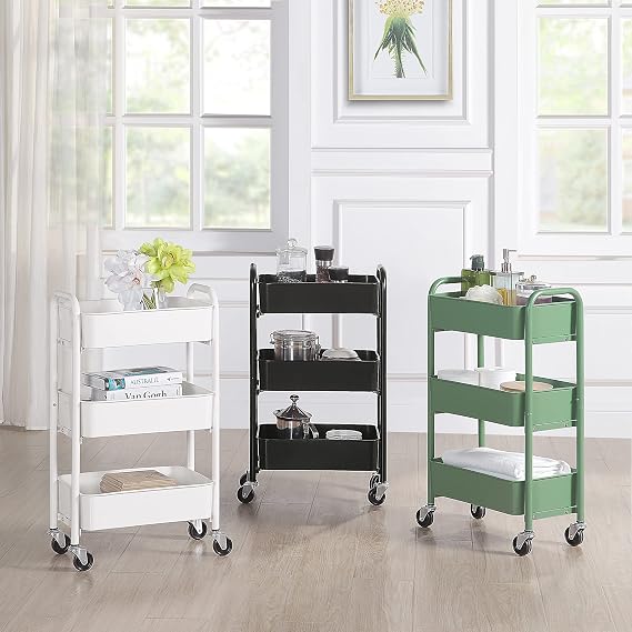SunnyPoint 3-Tier Delicate Compact Rolling Metal Storage Organizer - Mobile Utility Cart Kitchen/Under Desk Cart with Caster Wheels - WHT (15.35 X 10.24 X 26.8H)