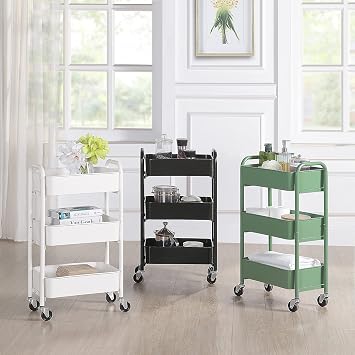 SunnyPoint 3-Tier Delicate Compact Rolling Metal Storage Organizer - Mobile Utility Cart Kitchen/Under Desk Cart with Caster Wheels - WHT (15.35 X 10.24 X 26.8H)