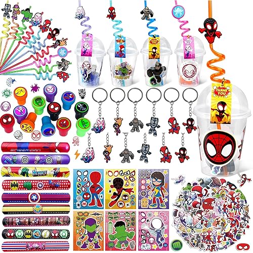 Spider and His Amazing Friends - Regalos de fiesta personalizados con etiquetas de regalo, 134 piezas de bolsas de regalos de araña con pajitas