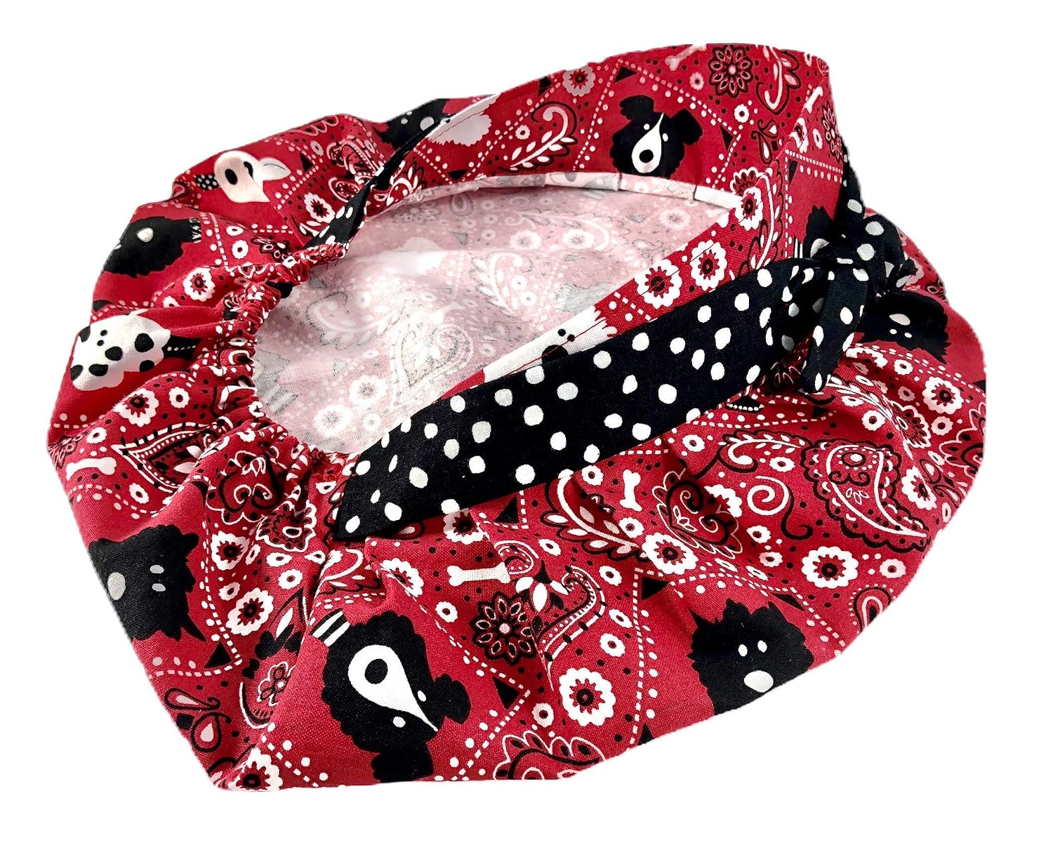 Bouffant scrub cap in classic red bandana lightweight cotton with accent knot headband bow