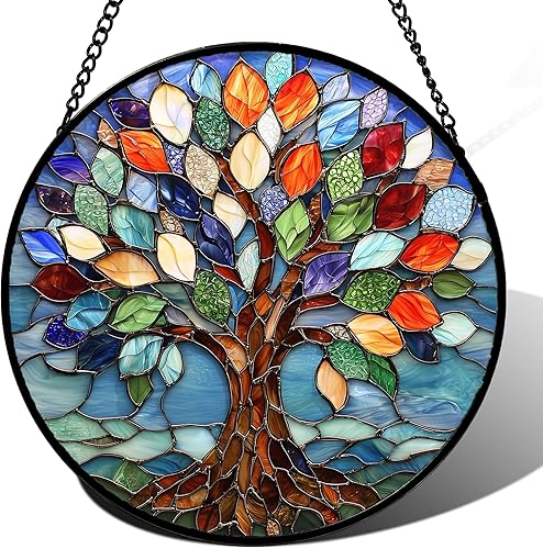 Miniatura 23 de Colgante de Vidriera para Ventana, Árbol de la Vida Colorido Atrapasoles Panel de Vidrio Azul Decoración Atrapasol para Cumpleaños para Mujeres,