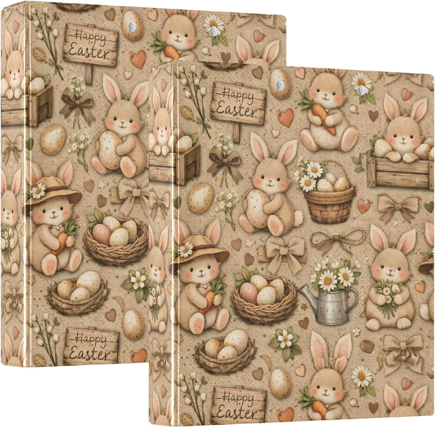 Retro Easter Eggs and Bunny 3 Ring Binders, 1.5” Round Ring Binders with Clipboard - Letter Size, 3 Interior PVC Clear Pockets & Anti-Slip Clip for Office School Supplies, 2PCS