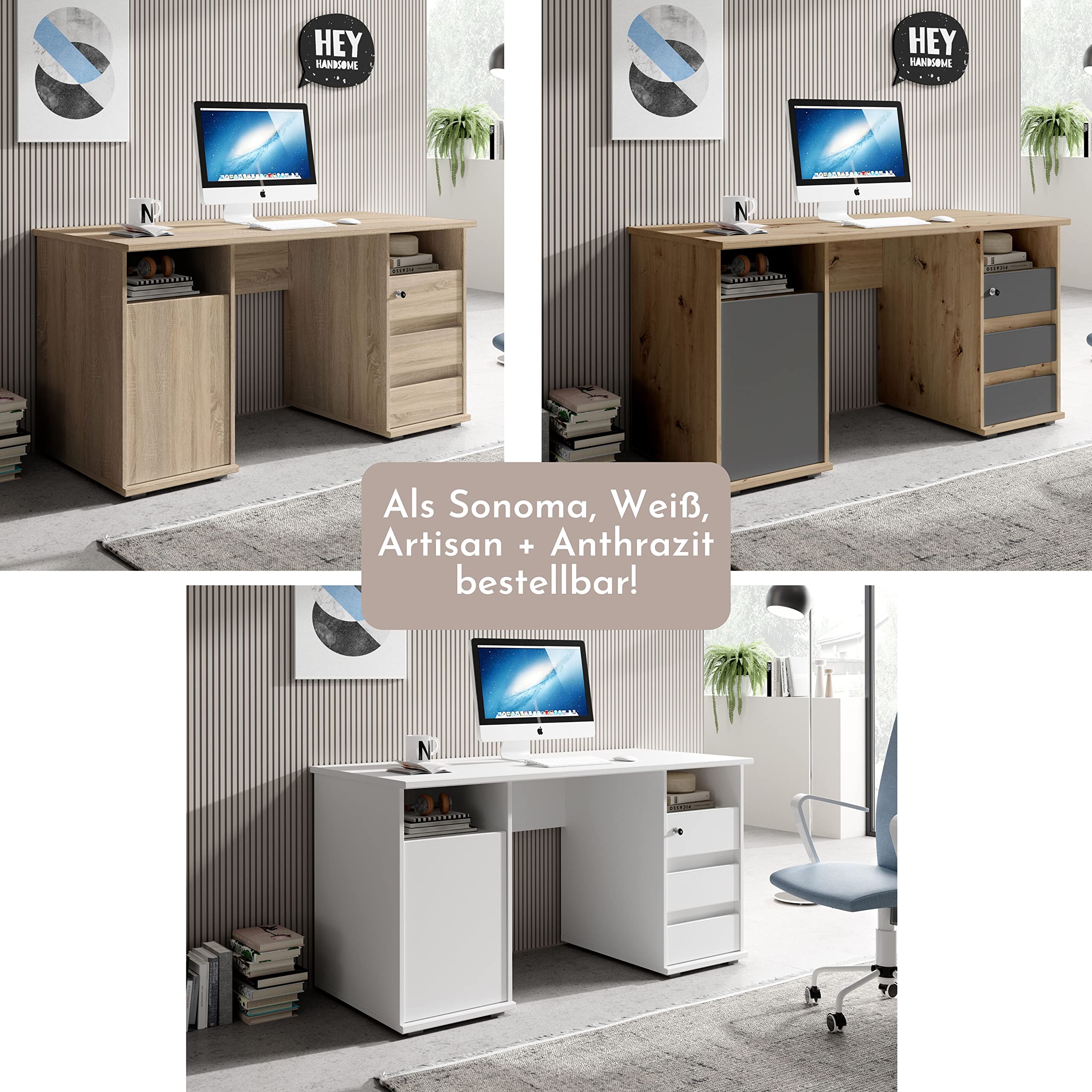 Stella Trading PRIMUS 2 Schreibtisch mit Schubladen, Weiß - Bürotisch Computertisch fürs Homeoffice mit Stauraum und offenen Ablagefächern - 145 x 74 x 65 cm (B/H/T) | Bürotisch Computertisch fürs Homeoffice, 3 Schubladen, eine abschließbar, Fach mit Tür,