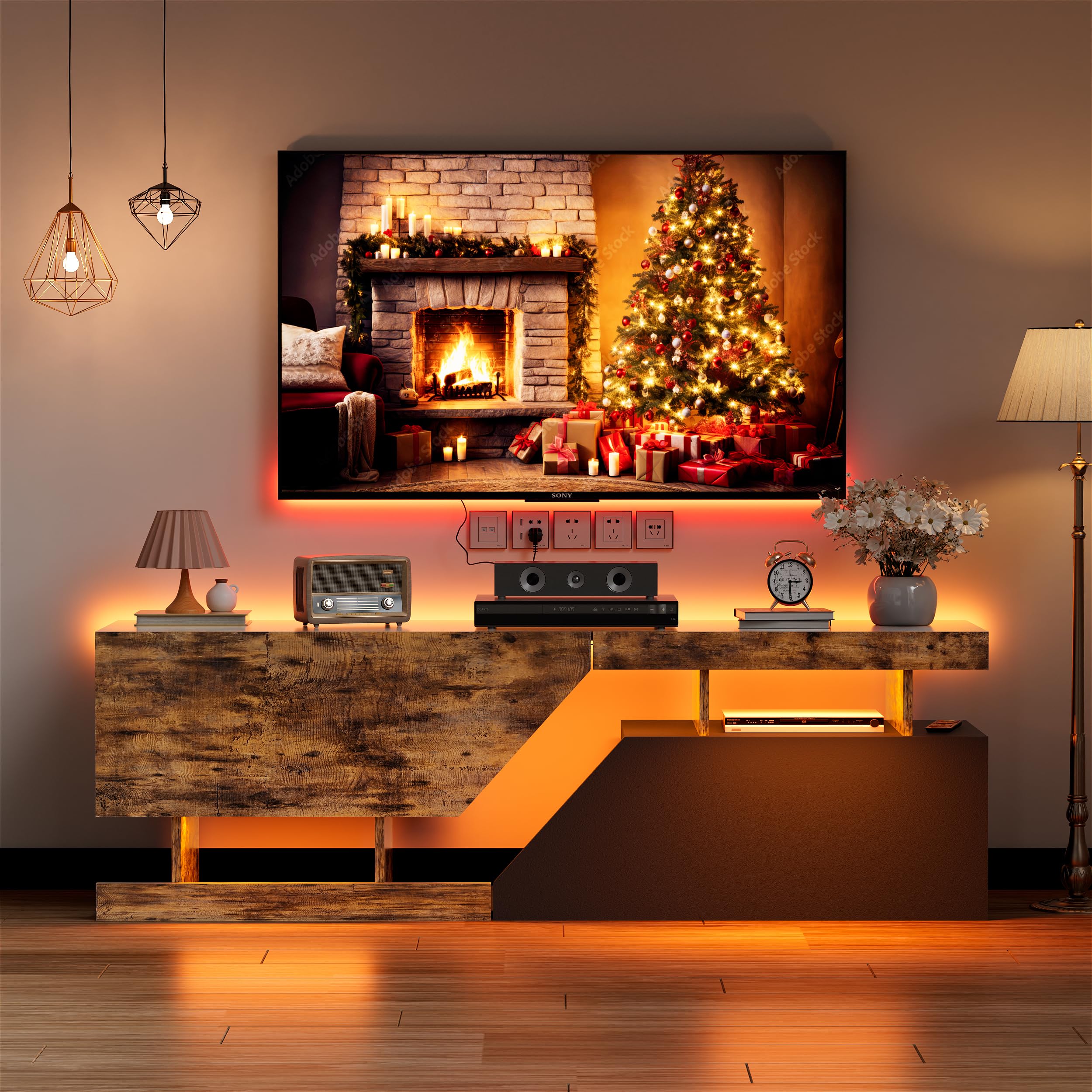 Meuble TV pour Télévision jusqu'à 65 Pouces Banc TV LED Armoire de Télévision avec ouverture sans poignée 2 volets/portes Meuble Télé de Salon Lowboard pour Téléviseur Salon, Salle à Manger, Chambre