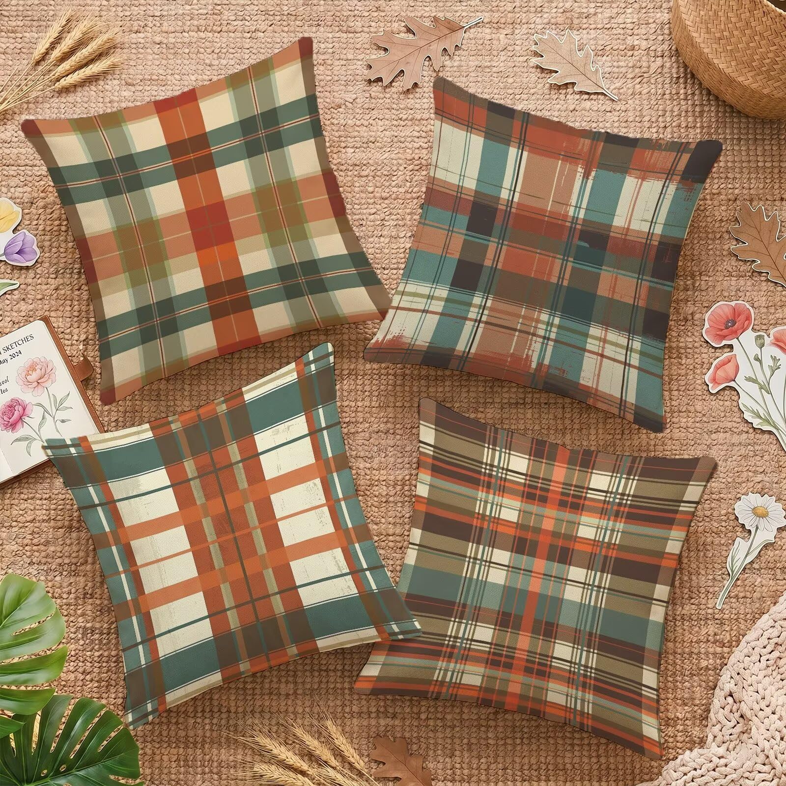 Housse de coussin 45x45cm lot de 4 double face plaid brun lin taie d'oreiller carrée C-O147