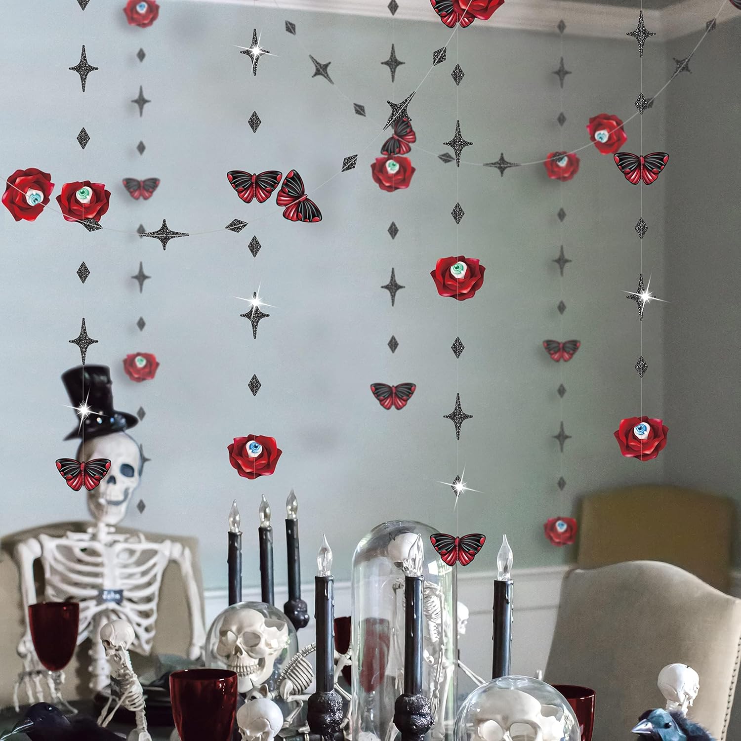 Cheerland Bundle Rose Skull Halloween Short Garland 6 pcs Backdrop & 4pcs Garland Red Rose Butterfly Eyeballs Black Red Backdrop Banners & 7 x 5 ft Backdrop Fabric