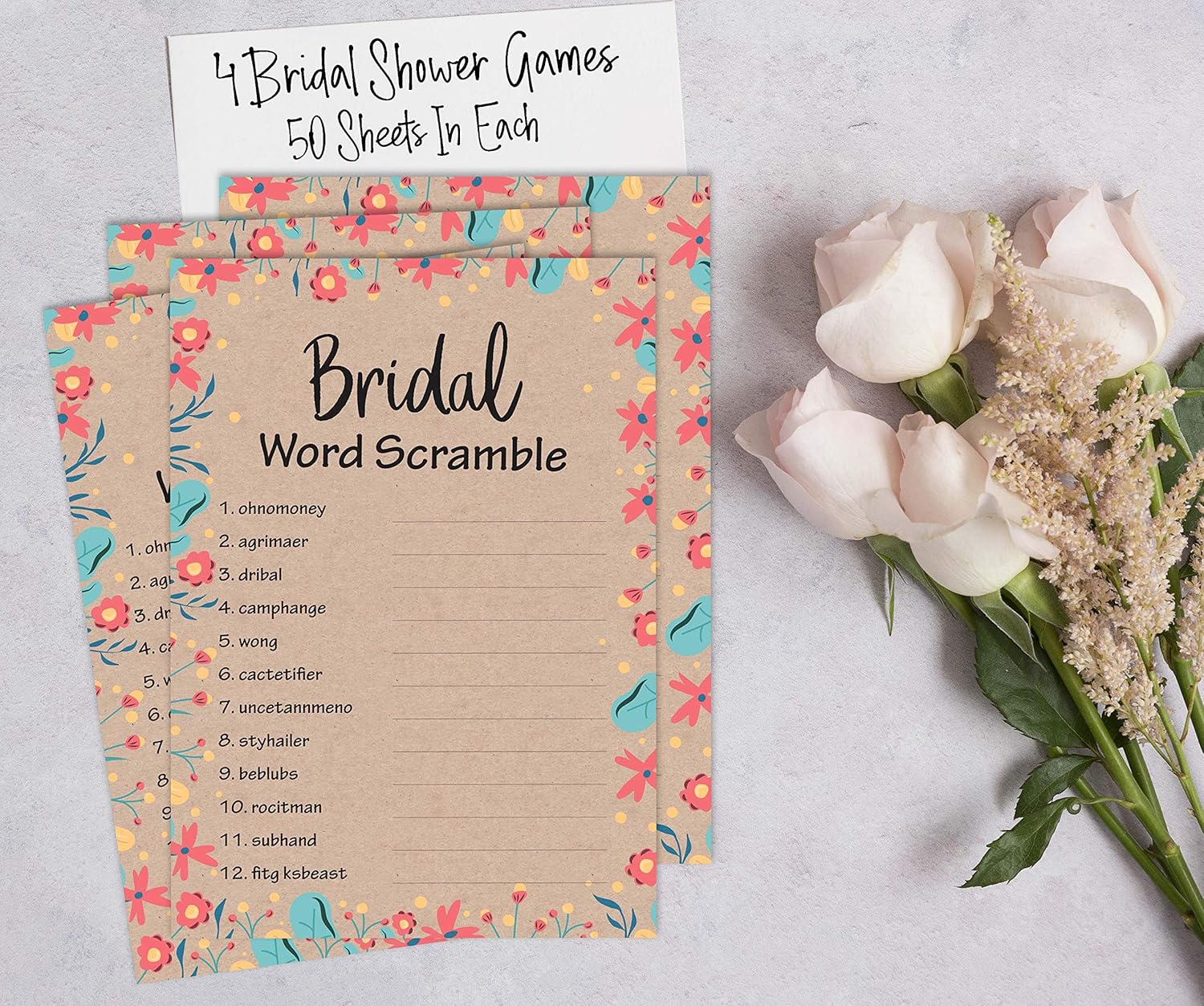 Bachelorette Party Games Set Bundle of 4(50 Sheets Each) Rustic Kraft Floral Fun Bridal Shower Games Set