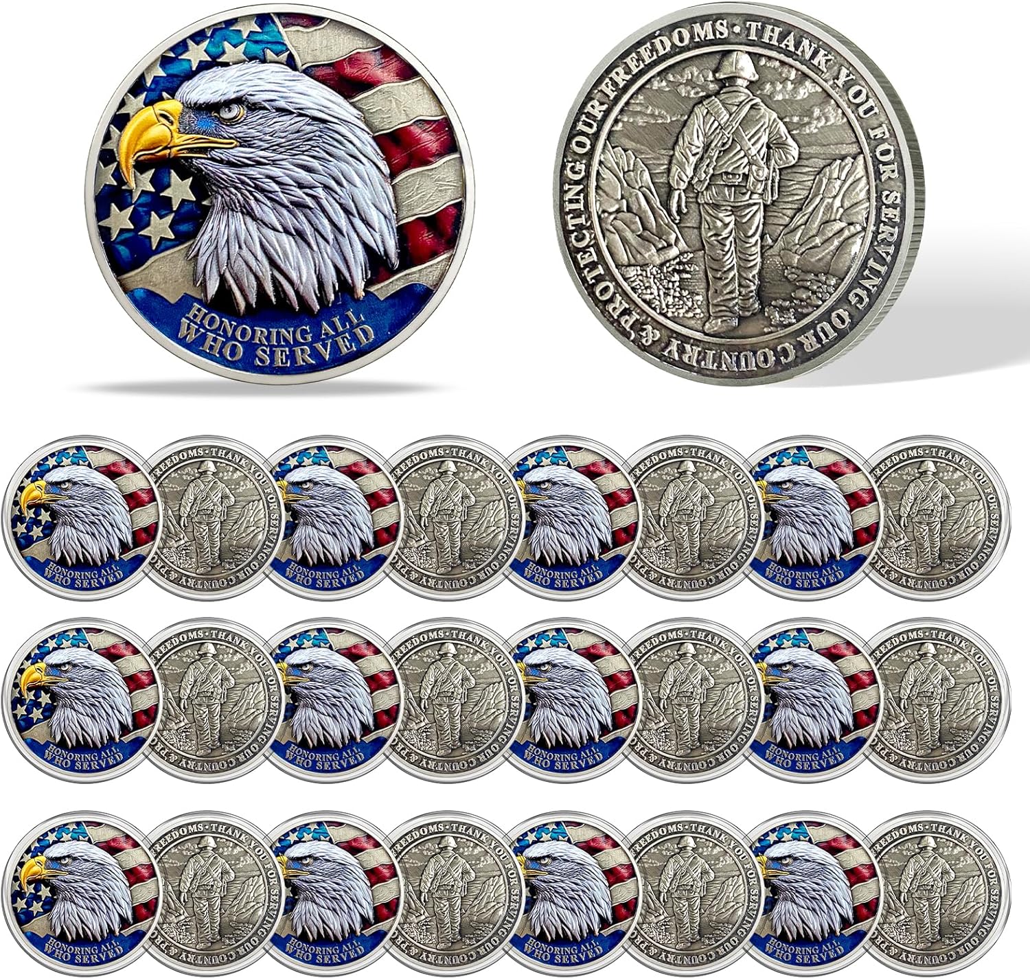 24Pcs Military Challenge Coins Set - Veterans Coin Honoring All Who Served Thank You for Your Service Medallion Military Appreciation Gifts for Men Women Army Veterans Day Gifts Bulk