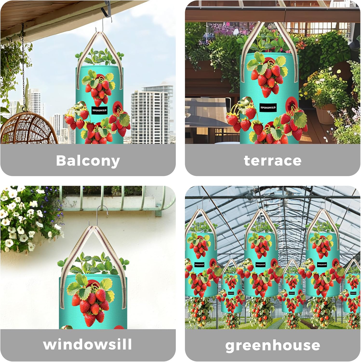 3 Pack 3 Gallon Hanging Strawberry Planter Bags, 12 Holes PE Grow Bags with Bottom Drainage, Reusable Vertical Planters for Small Space Gardening(Green) - Image 8