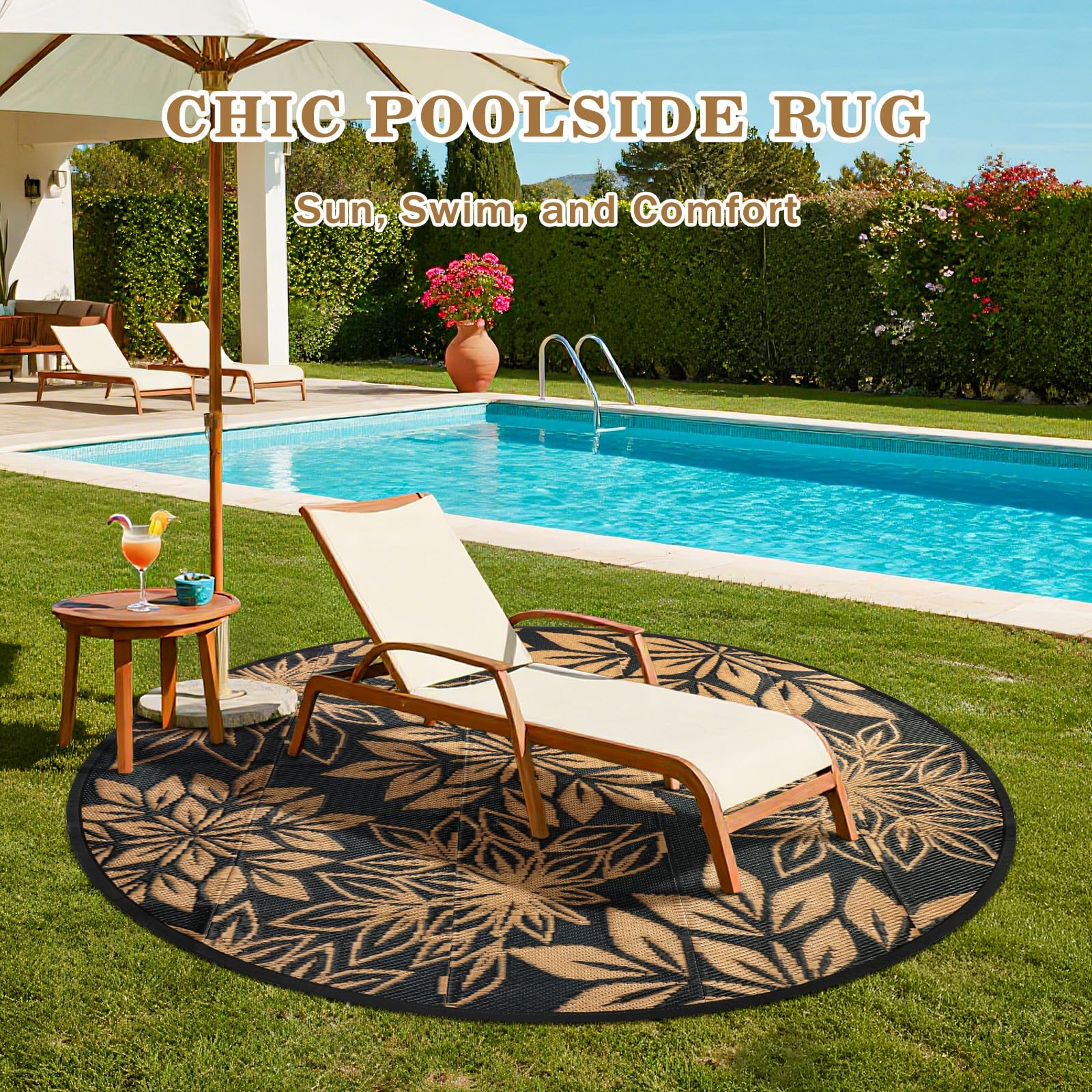 Tapis d'extérieur rond pour patio 180 cm, Feuilles noires, Tapis de jardin extérieur réversible imperméable, résistant aux UV, Tapis de sol rond pour patio extérieur pour balcon, terrasse
