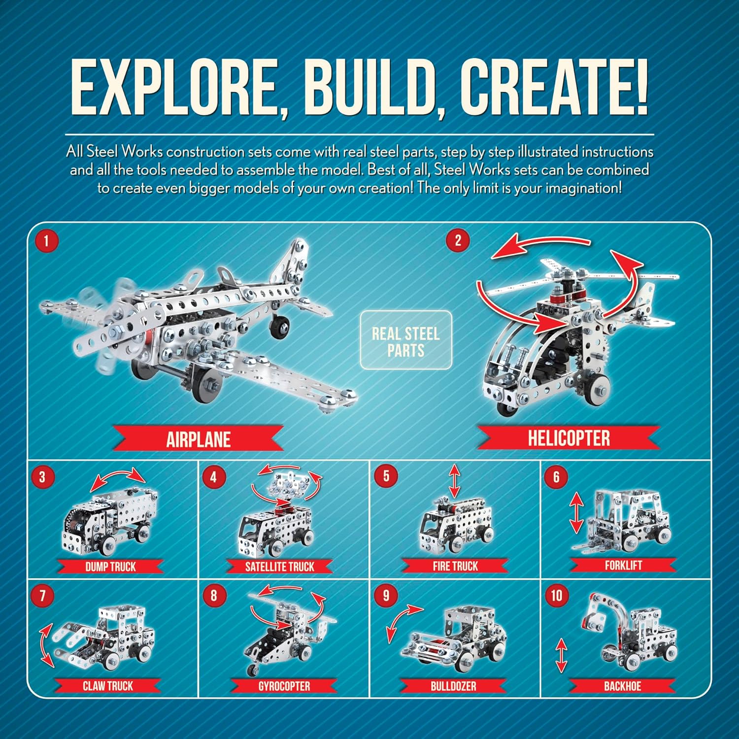 Image showing 10 different mechanical models that can be built with the Steel Works set, including an airplane, helicopter, and various trucks.