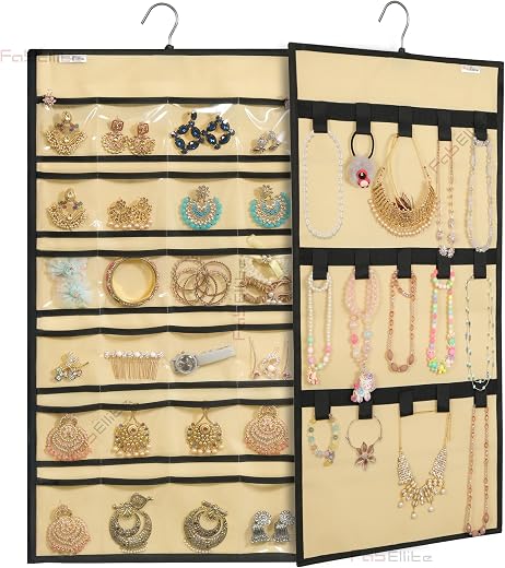 FAB ELLITE Double-Sided Hanging Jewelry Organizer with 24 Clear PVC Pockets &amp; 10 Hook Loops | Space-Saving Jewelry Storage...