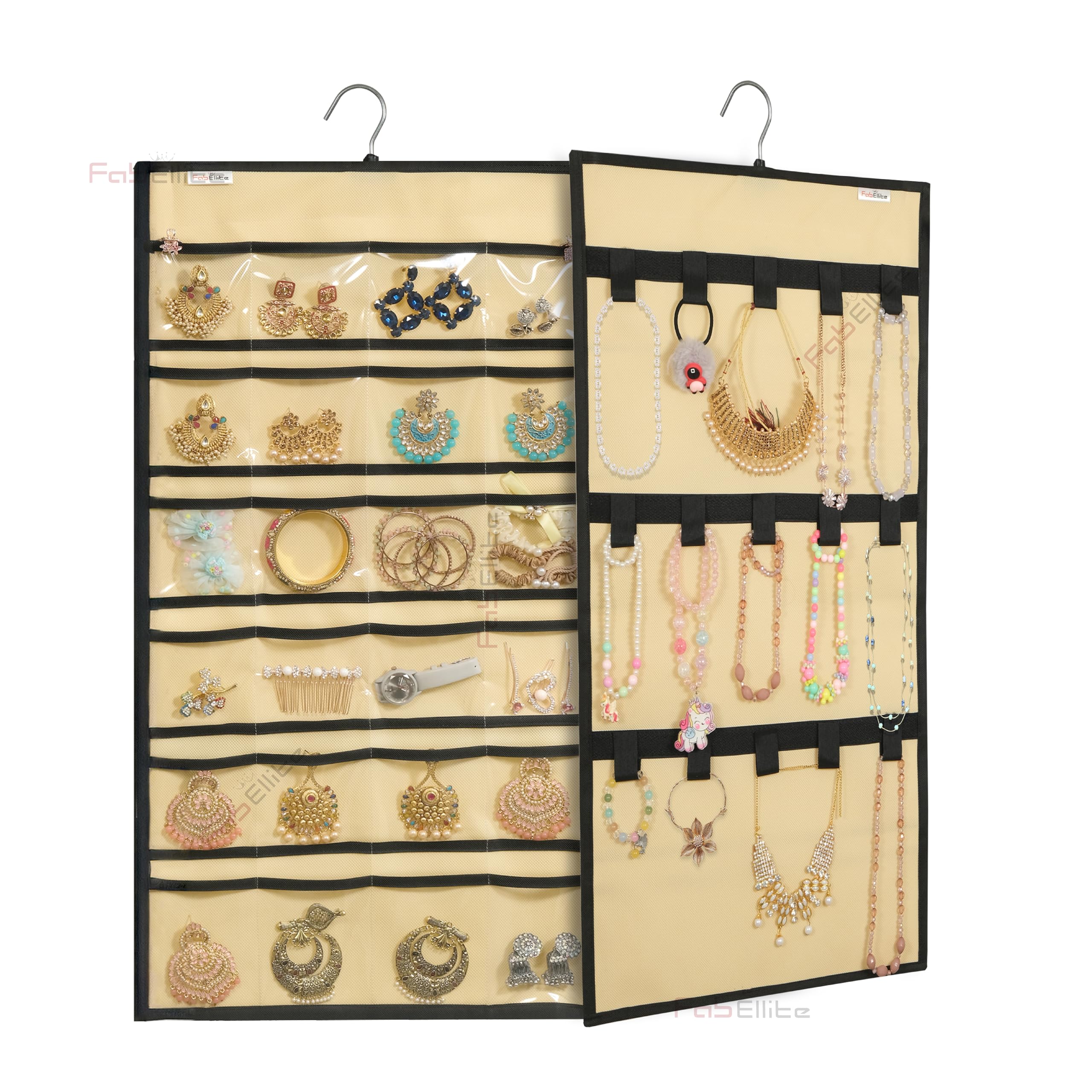 FAB ELLITE Hanging Jewelry Organizer,Double Sided Jewelry Storage with Hanger,24 Clear PVC Pockets and 10 hook loops for Holding Necklaces, Bracelets, Rings, Earrings-image-38