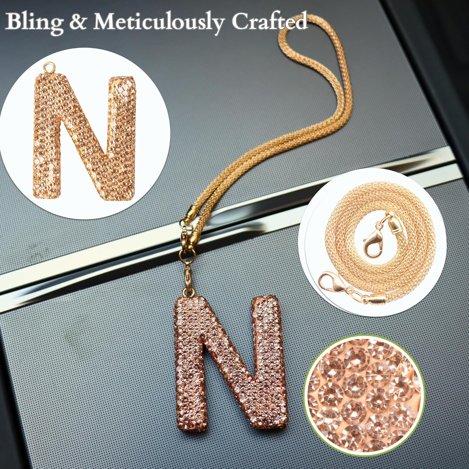 Bling Car Accessories for Women Letter Charm, Rainbow Crystal Rearview Mirror Pendant, Cute Diamond Rhinestone Car Decor, Lucky Gift for Women(N, Champagne Gold) image 3