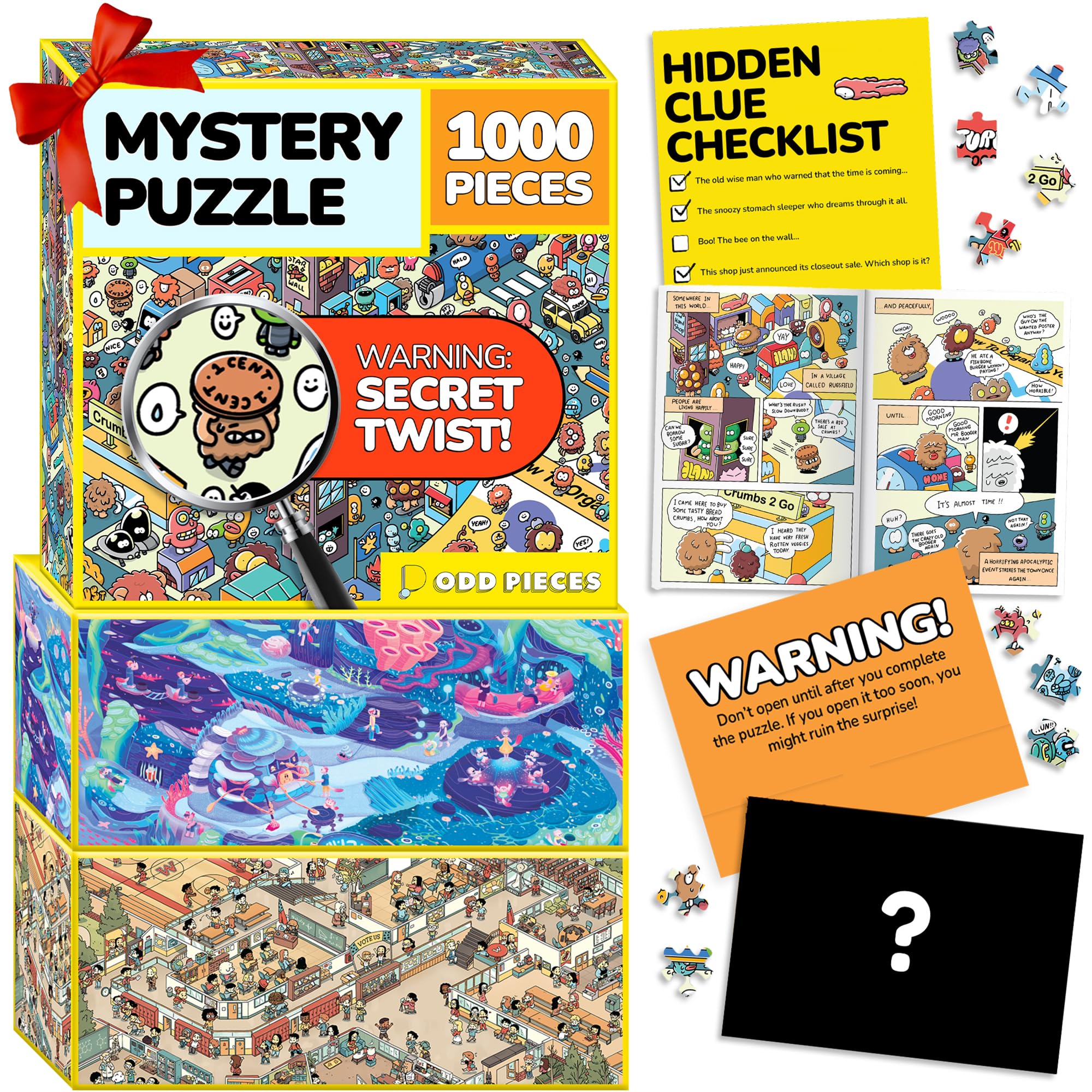 Odd Pieces Jigsaw Puzzles 1000 Pieces with Storytelling Comics, for Women, White Elephant, Mystery Puzzle for Adults & Kids - 19.7'' x 27.6'' Frameable Magic Puzzle Art (Series 1)