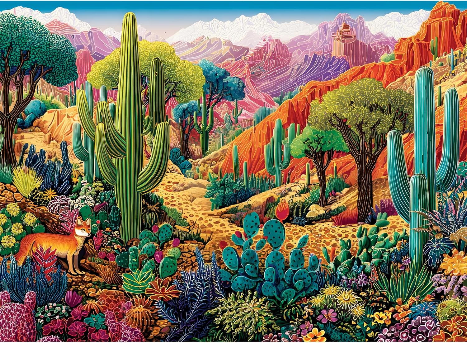 500 Piece Jigsaw Puzzles for Adults, Colorful Desert 500 Piece Puzzle, Vibrant Landscape with Cacti, Fox and Mountains Jigsaw Puzzles, Relaxing Gift for Adults, Seniors, 20.5 x 15 in