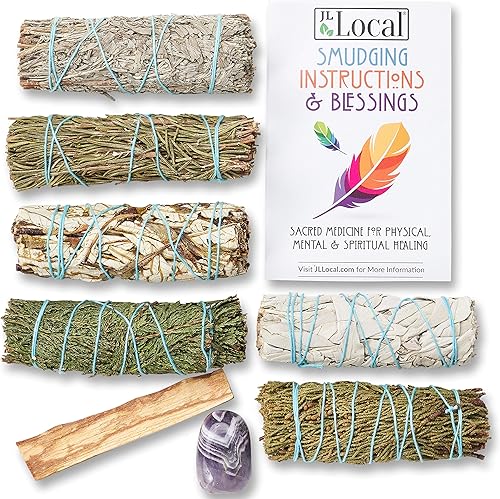 Paquete variado de salvia, salvia blanca, salvia azul, yerba santa, cedro, enebro y palo santo + amatista | Kit de manchas (salvia variada)