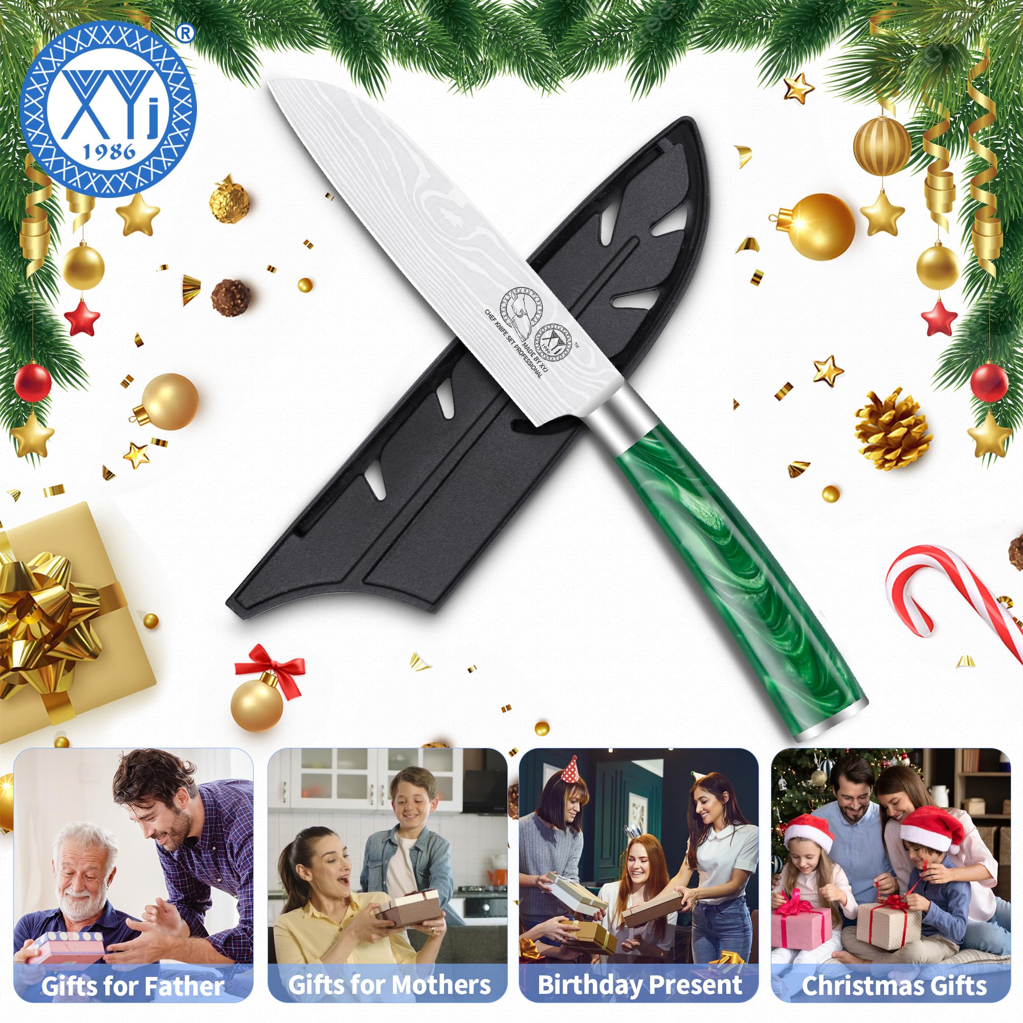 XYJ giapponese Santoku coltello in acciaio inox 5 pollici rasoio affilato coltello da cucina per frutta verdura, posate da cucina, coltello mannaia carne con copertura, manico in resina verde
