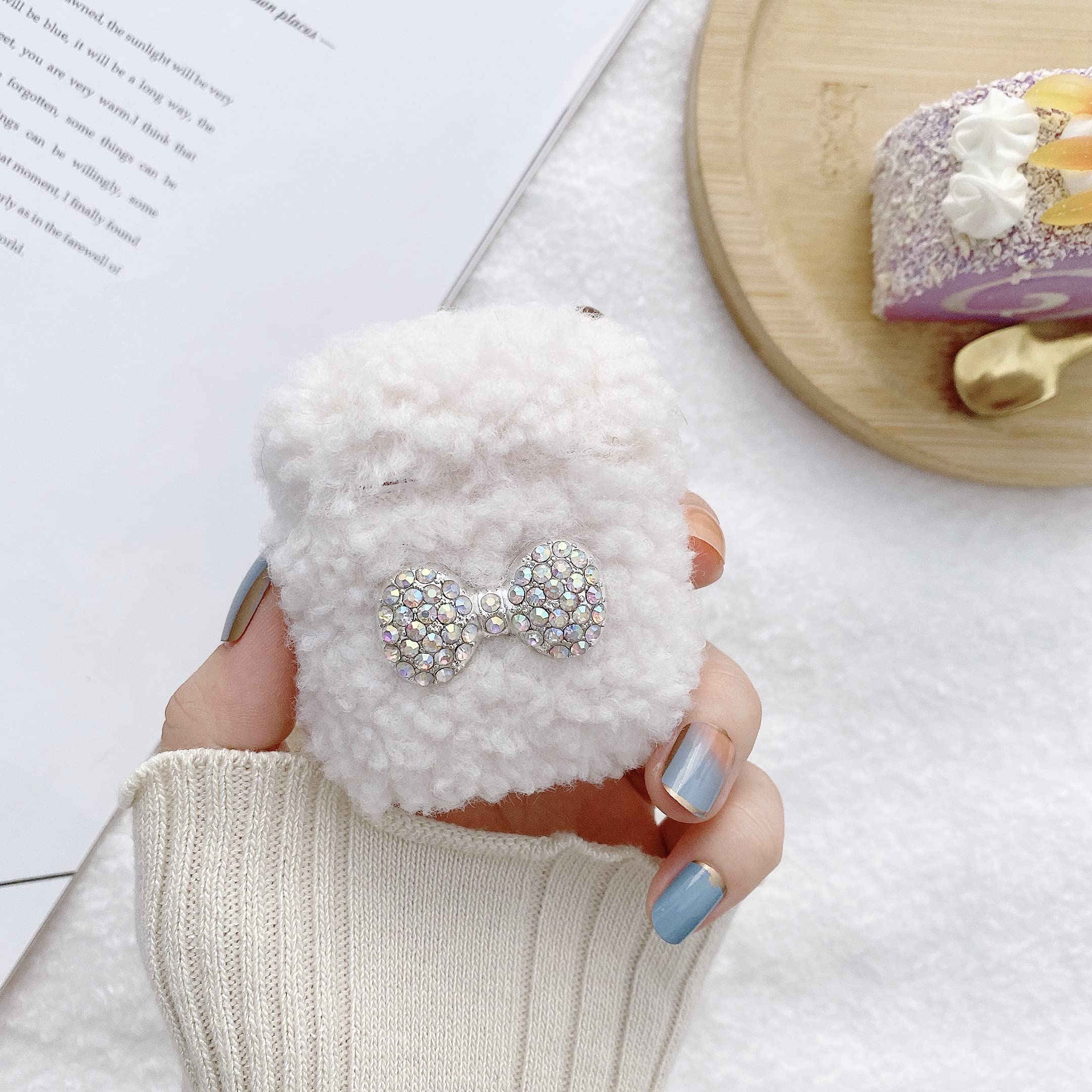 6City8Ni Plush Soft Case Compatible with Apple Airpods,Diamond Design Warm Washable Fluffy Cover with Hook Clip for Apple Airpods-White