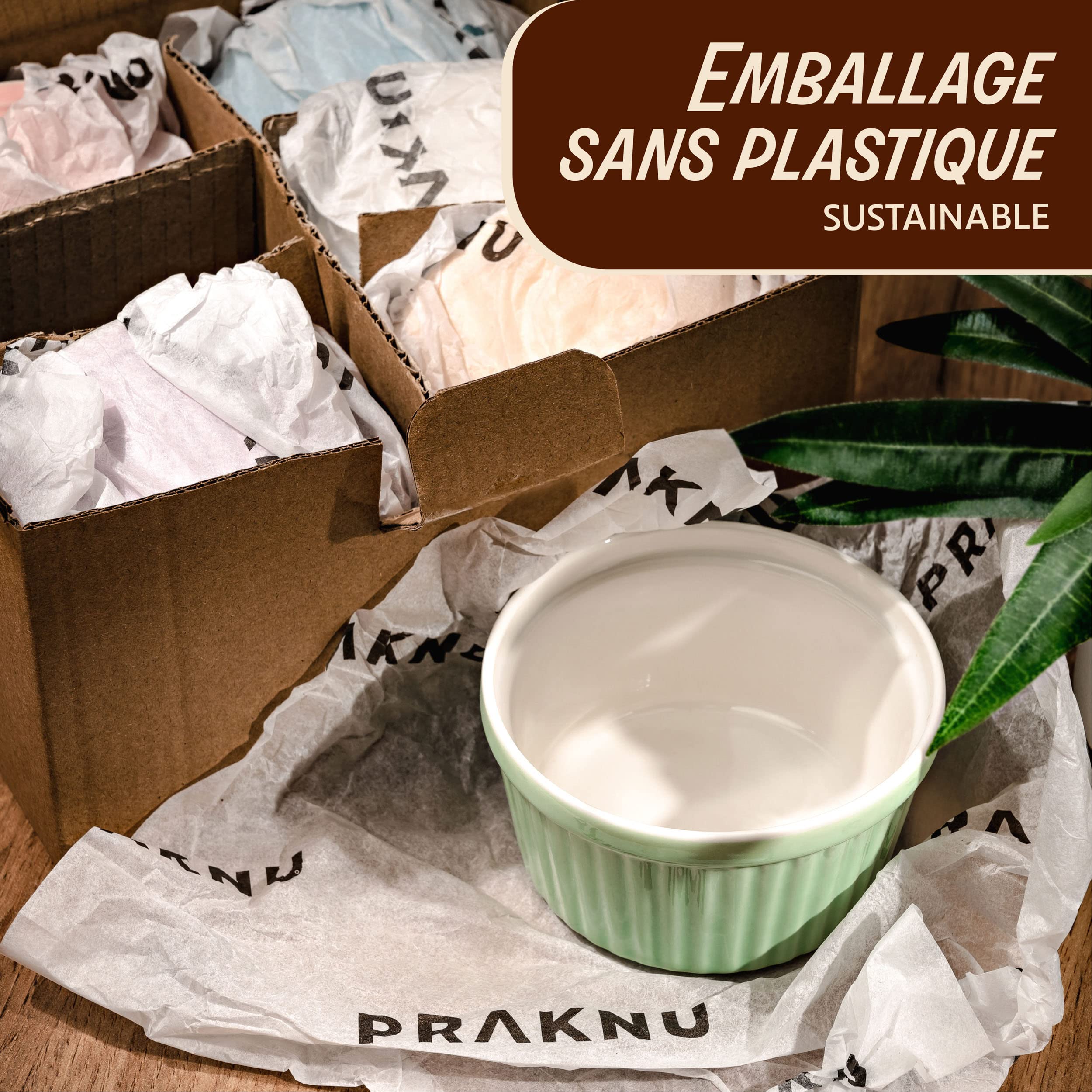 Praknu 6 Ramequins en Céramique 200 ml - Allant au Four - 9 cm - Empilables - Revêtement Antiadhésif - Emballage sans Plastique