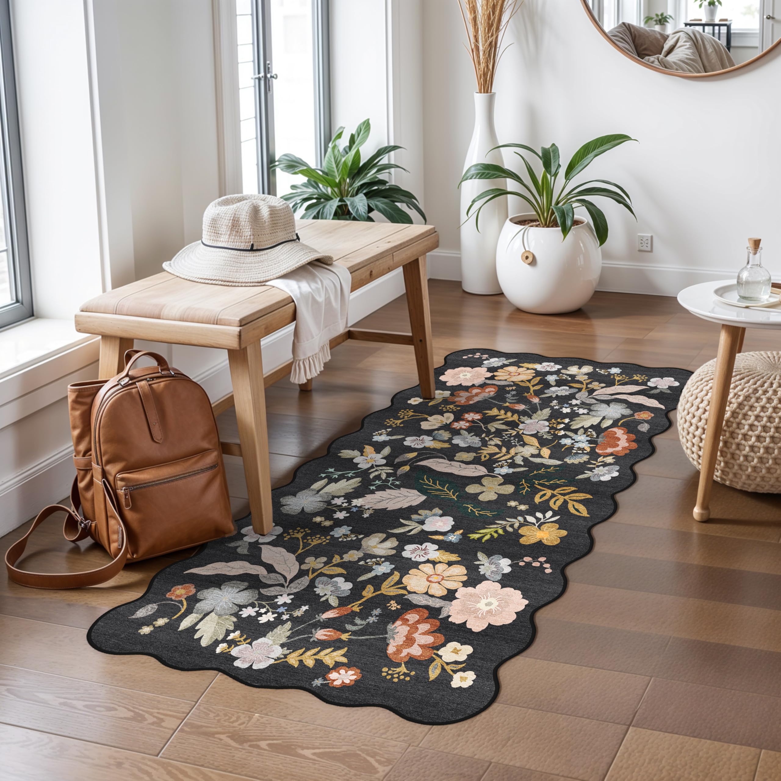 2x4 Rug Washable for Entryway - Non-Slip Scalloped Floral Throw Rug Black