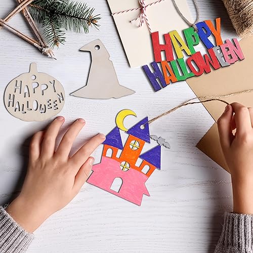 Miniatura 6 de JOYIN Kit de 60 piezas de madera de Halloween para manualidades y manualidades, adornos de madera de Halloween en blanco para hacer tus propias