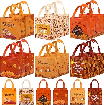 18-Piece Fall Party Gift Bags with Handles - Turkey, Pumpkin, Reusable Grocery Bags for Thanksgiving Day & Party Favors