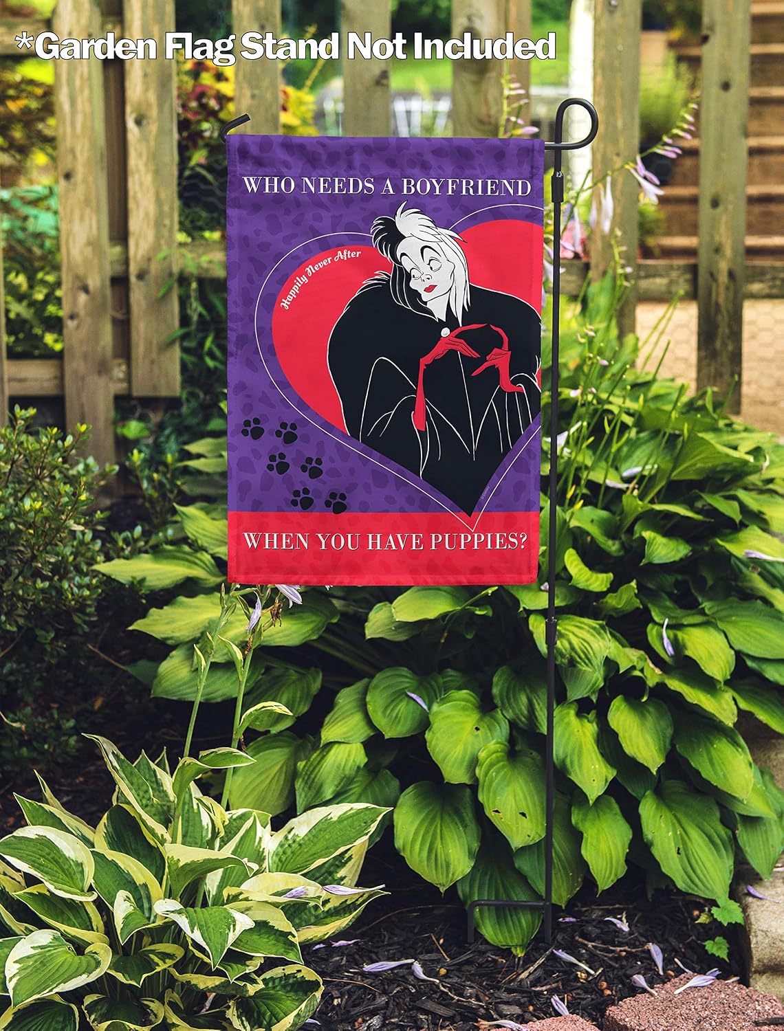 Flagology, Disney Cruella Who Needs a Boyfriend – Garden Flag 12" x 18", Exclusive Fabric, Officially Licensed Disney, Valentine's Day, Villaintine's