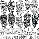 62 Sheets Large Wolf Lion Skeleton Temporary Tattoos For Men Women Arm, 3D Temp Bulk Halloween Accessory Realistic Tattoo Sticker For Adults Neck, Scary Skull Zombie Vampire Fake Tattoos Cobra Snake