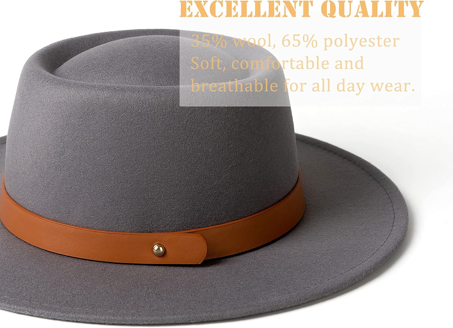 Lady Retro Wide Brim Fedora Floppy Pork Pie Hat with Belt Buckle - Image 2