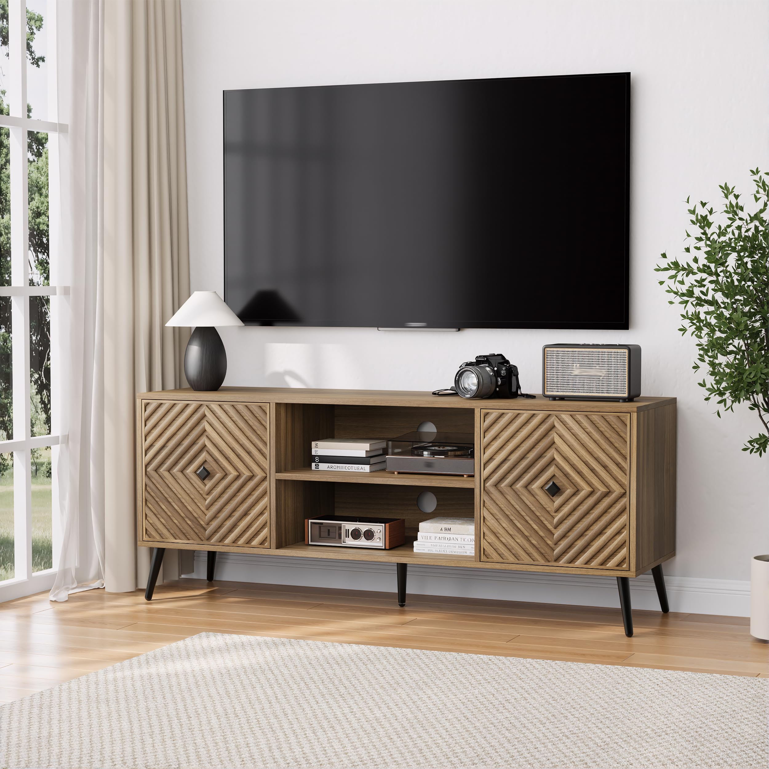 Smuxee Walnut TV Stand with Fluted Diamond Doors, 55.12" Mid Century Modern TV Media Console for TVs up to 65", TV Cabinet with Adjustable Shelf & 2 Cabinets for Living Room