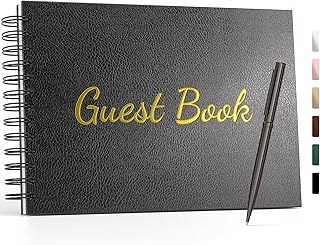 WEMATE Guest Book, Leather Memorial Guestbook,Suitable for Funeral,Graduation,Special Events,Polaroid Guest Book with A Pen,4 Blank & 132 Lined Pages for Sign in and Photos 7"x10″ (Black)