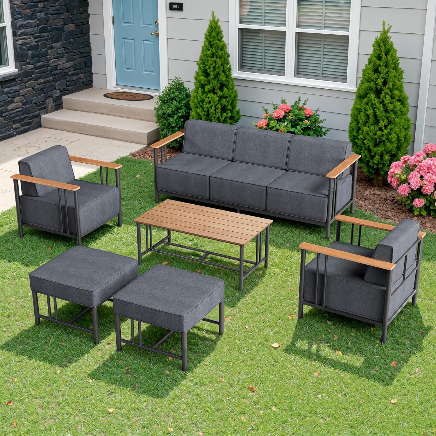 Luxury Patio Furniture Set with 10" Extra Thick Cushions, 6 PCS Outdoor Furniture Set with Patio Chairs & Couch & Coffee Table, Suitable for Porch, Balcony, Deck, Yard, Poolside, Black/Grey