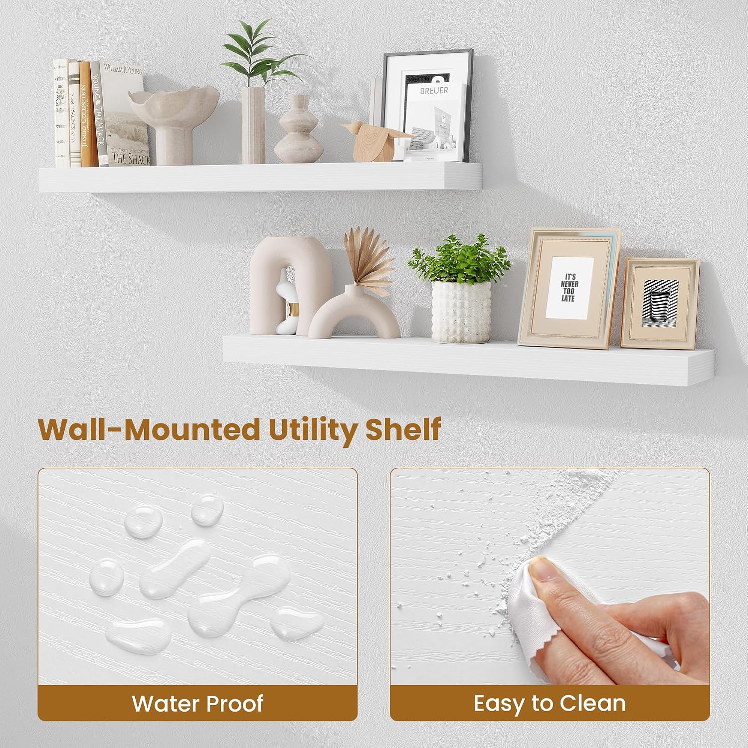 Fun Memories Floating Shelves for Room Wall, 36 Inch Long Shelf Set of 2， Hanging Wood Shelves for Storage & Display, White image 4