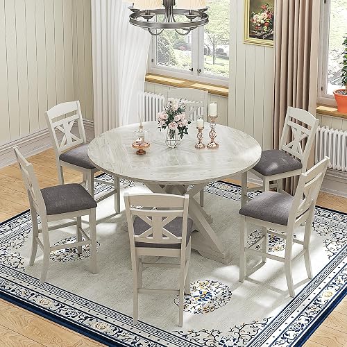 VECELO 7-Piece Solid Wood Foldable Dining Table Set for 6, Farmhouse Round Dining Table with 6 Upholstered Dining Chairs for Dining Room, Kitchen, Washed Gray