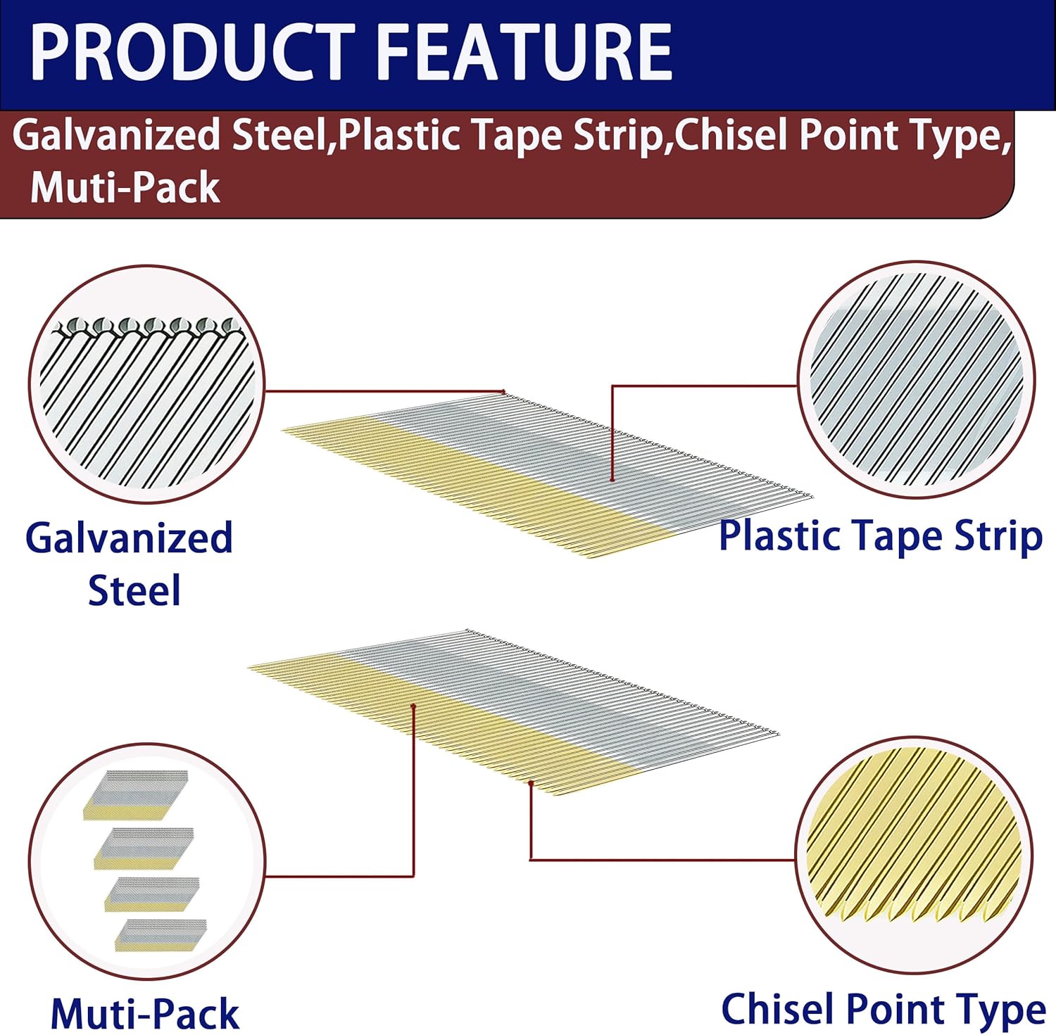HW HAMWOO 15 Gauge DA Angled Finish Nails,34-Degree,Galvanized Assorted Size Project Pack,for Pneumatic,Electric Angled Finish Nailer(2-1/2",2",1-1/2",1-1/4",2000Pcs)