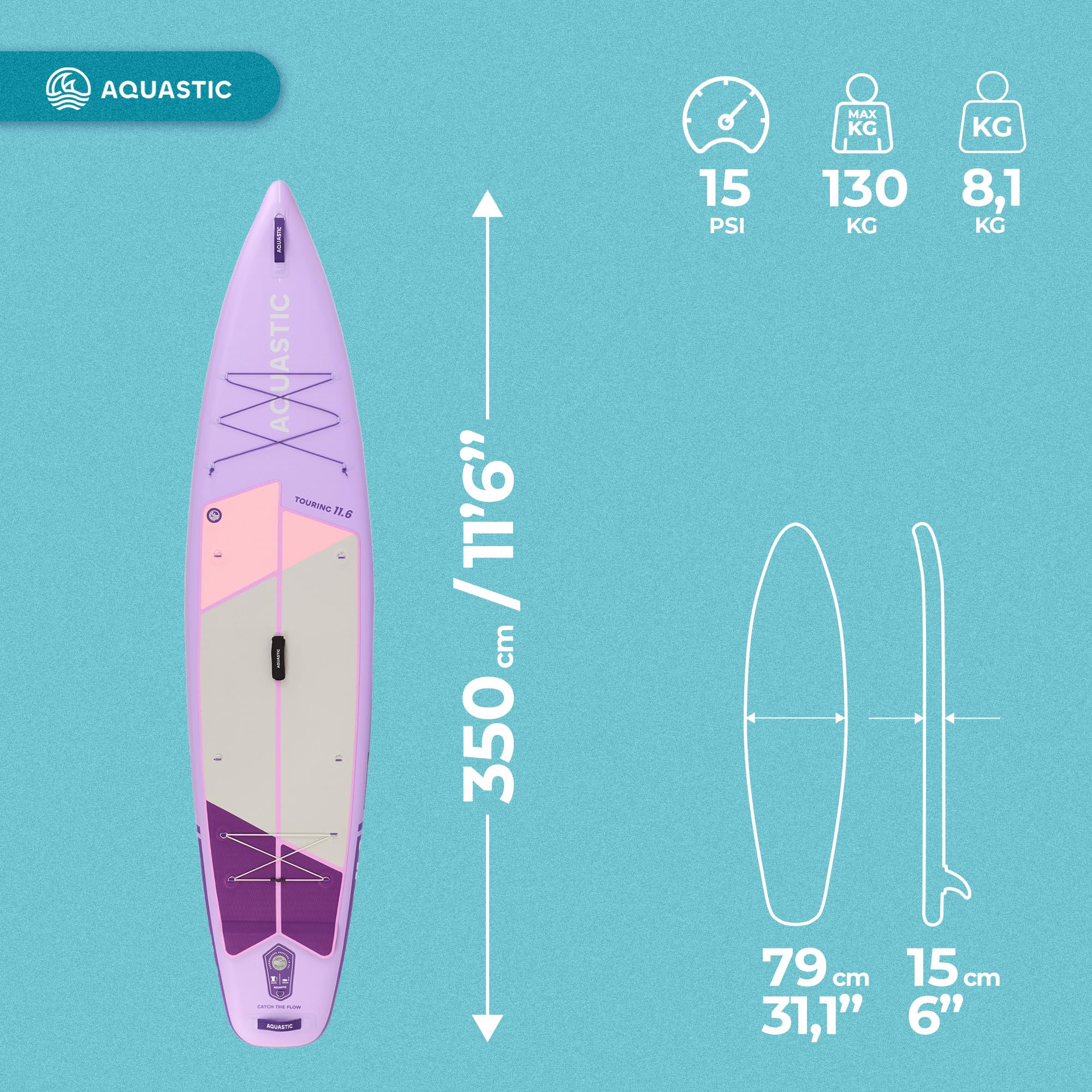 AQUASTIC Touring nadmuchiwana deska SUP 350 x 79 x 15 cm, maksymalne obciążenie 130 kg, pierścienie D do siedzenia kajakiem | 350 x 79 x 15 cm, 330 l, do 130 kg, fioletowy, z siedziskiem kajakowym, wiosłem 2 w 1, pompką, smyczą, płetwami i plecakiem