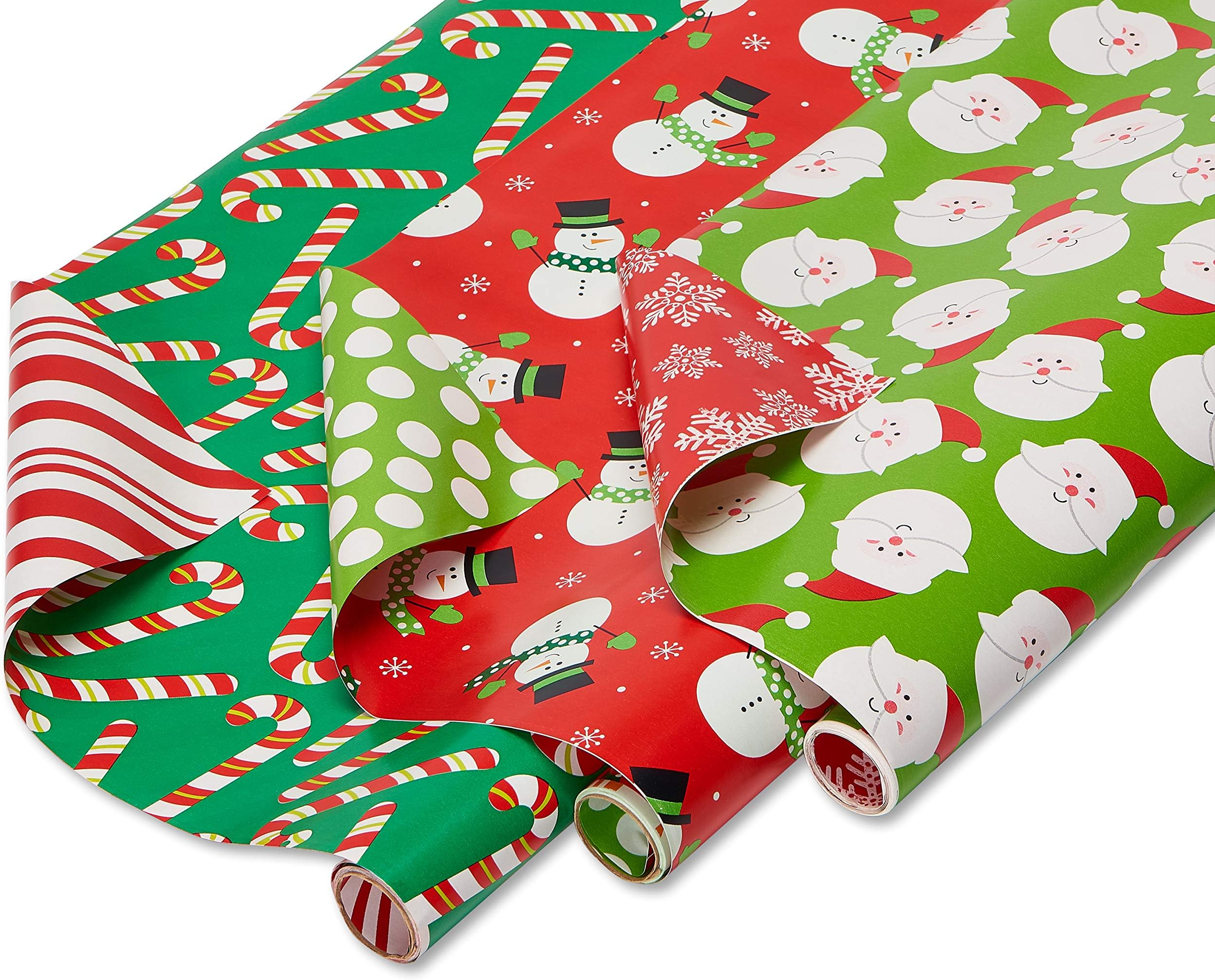 American Greetings Christmas Extra-Wide Wrapping Paper Bundle, Santa, Snowmen and Candy Canes (3 Rolls, 120 sq. ft.)