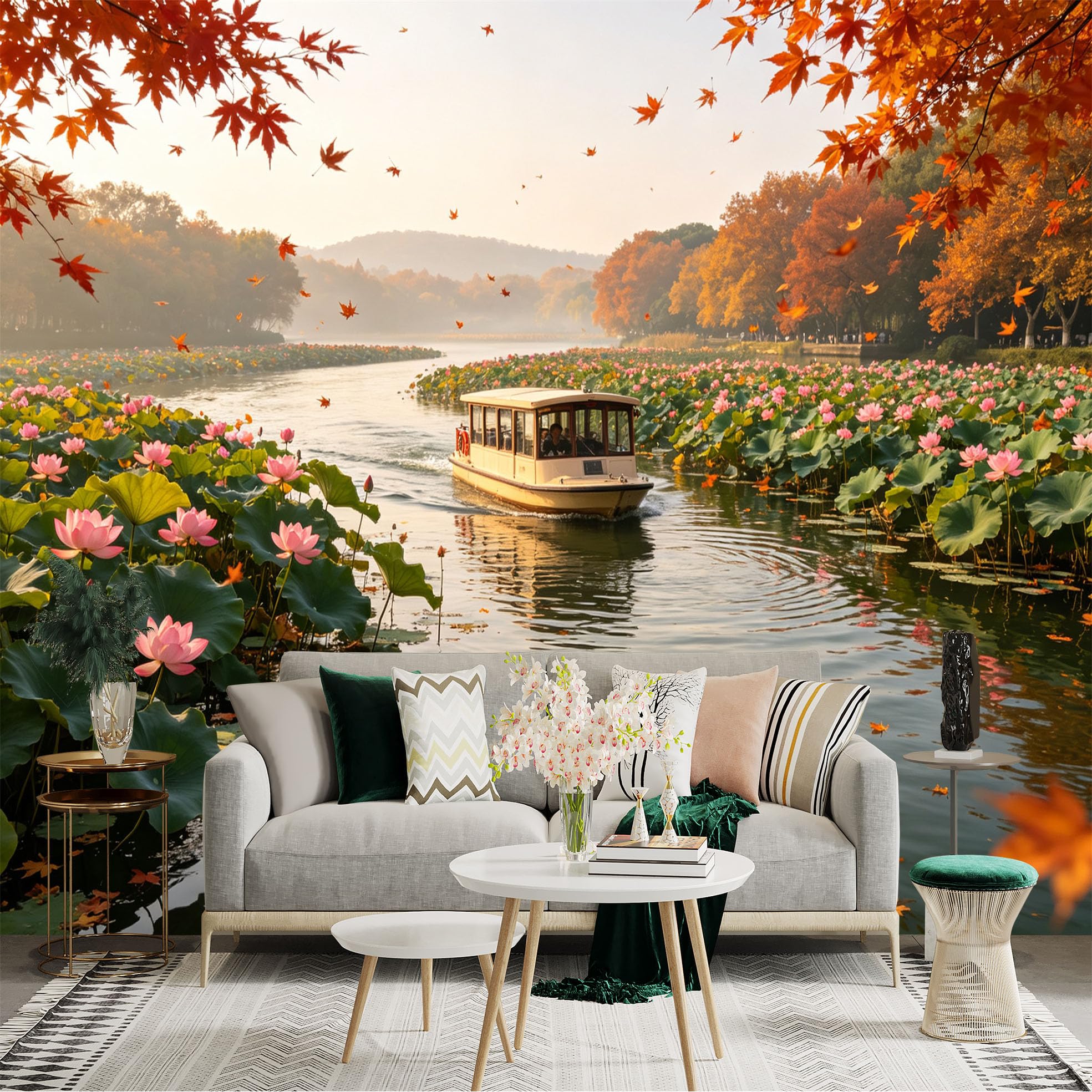 Custom Size Wall Sticker Mural， Boat Sailing on Lake， Pink Lotus Flowers， Autumn Maple Leaves， Peaceful Nature Scenery， for wall Decoration， peelandstick wall Decals.
