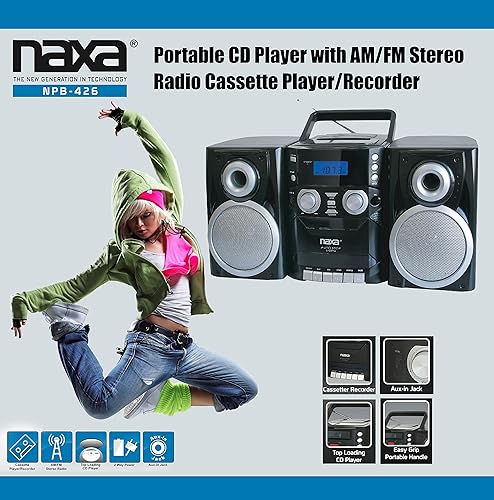 Miniatura 4 de Naxa Electronics NPB-426 Reproductor de CD portátil con radio estéreo AM/FM, reproductor de cassette/grabadora y altavoces desmontables gemelos