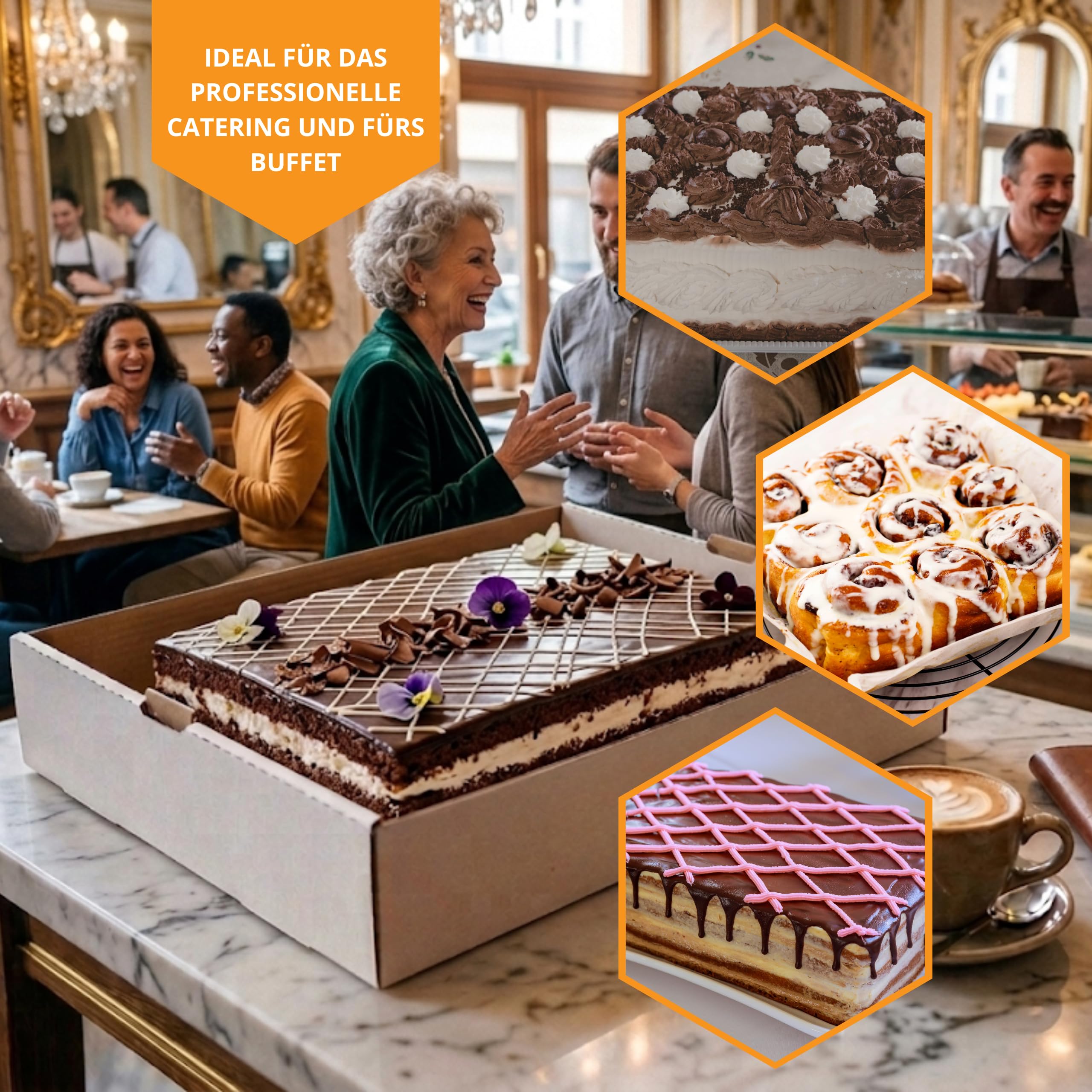 KAPAK 10er Kuchen Tray Weiß 40x30x7 cm - Offenes Präsentations-Tray aus Wellpappe - Rechteckige Gebäckschale - Donut & Blechkuchen Papp-Tray