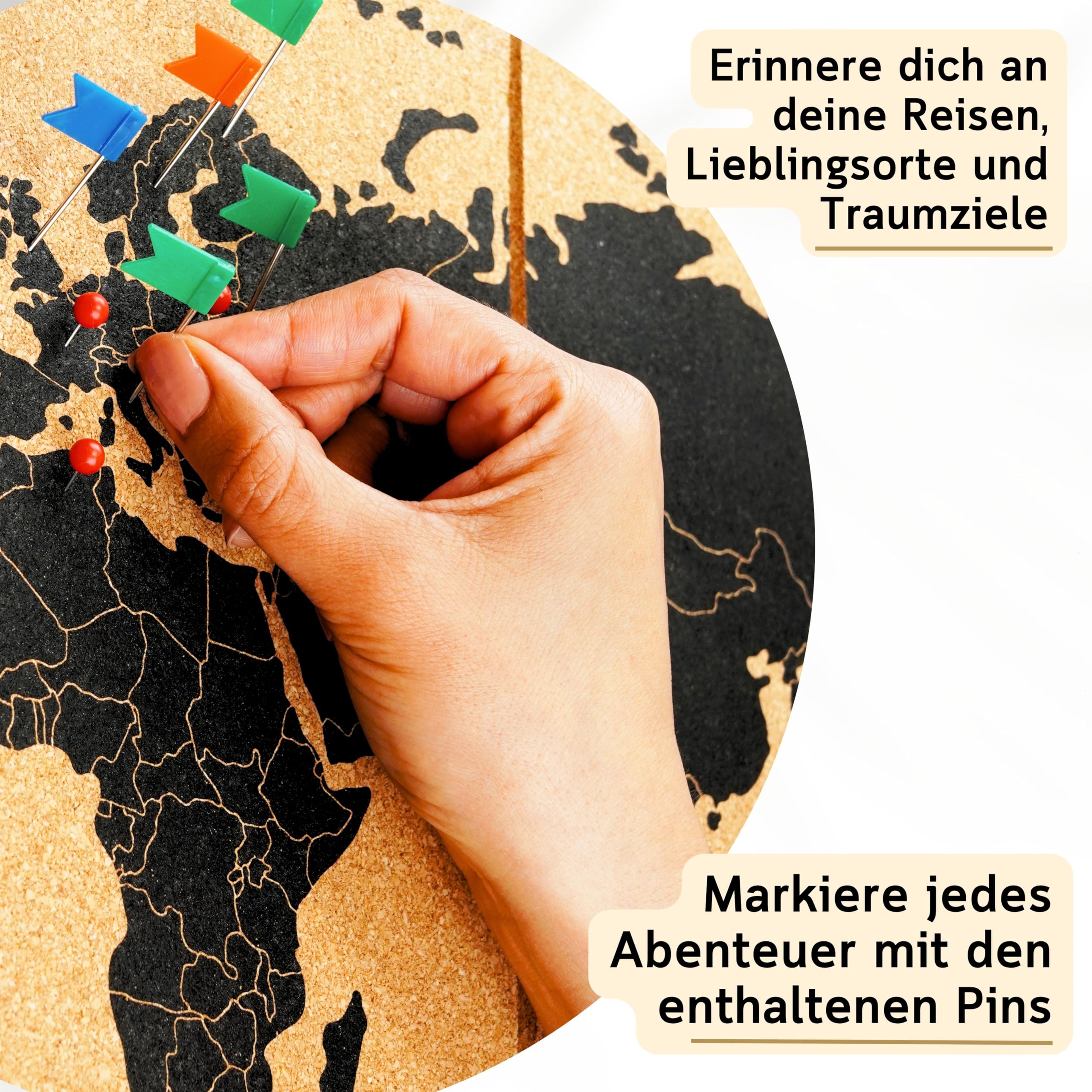 Weltkarte Pinnwand Kork XXL 120x60 cm – 6 Selbstklebende Paneele – Weltkarte zum Pinnen mit Pins – Korkplatte Wanddeko – 60 Pinnadeln Inklusive