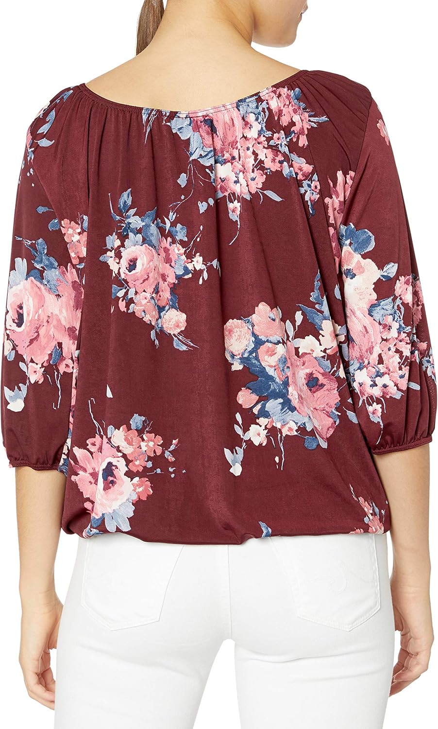 Star Vixen Women's 3/4 Sleeve, Front Tie Peasant Top, Burgundy/Floral, X-Large - Image 2