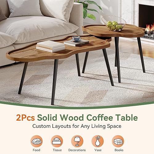 Miniatura 9 de Juego de 2 mesas de centro anidables, mesas de centro de madera maciza con mesa de nube, mesas decorativas apilables con pies antideslizantes