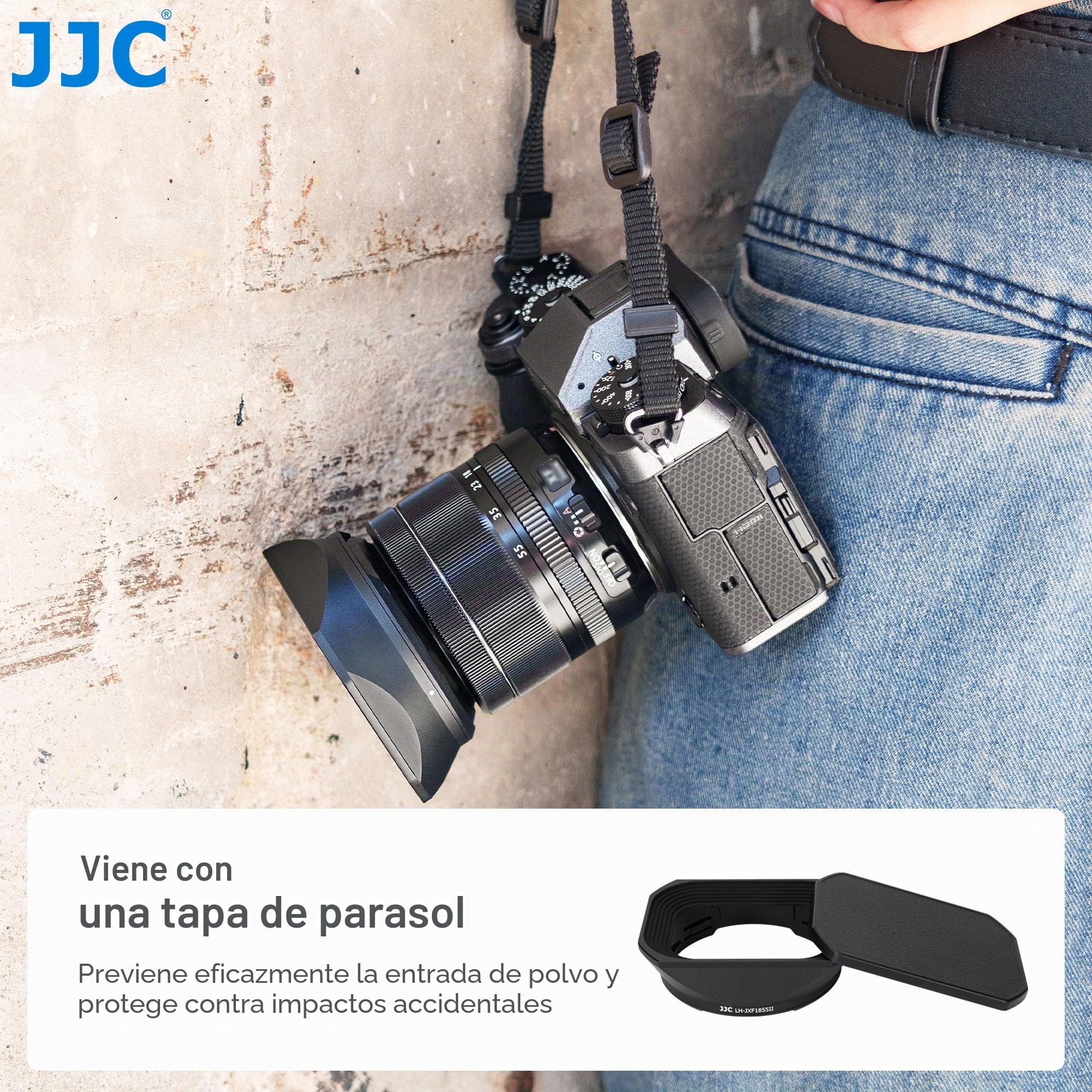 JJC Parasol cuadrado de metal para lente FUJI.XF14mm F2.8 R y XF18-55mm F2.8-4 R LM OIS lente con tapa de diseño deslizante - Sustituye a FUJI.14/18-55