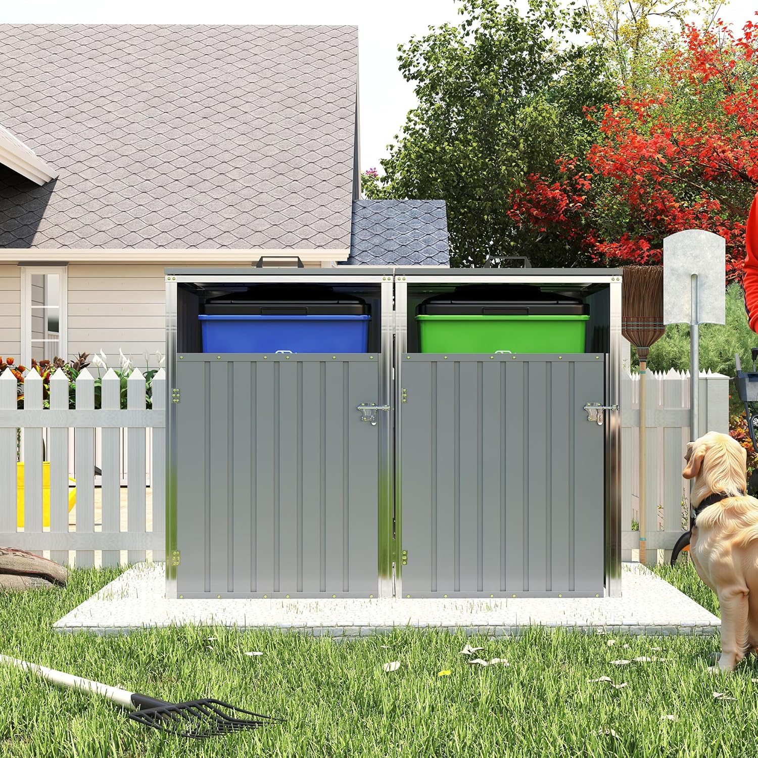 2 Trash Can Outdoor Storage Shed, 54 Cu.Ft Metal Garbage Bin Shed with Hydraulic Lid, Lockable Doors & Chains, Galvanized Steel Waterproof Storage for Garden Yard Lawn, Light Gray