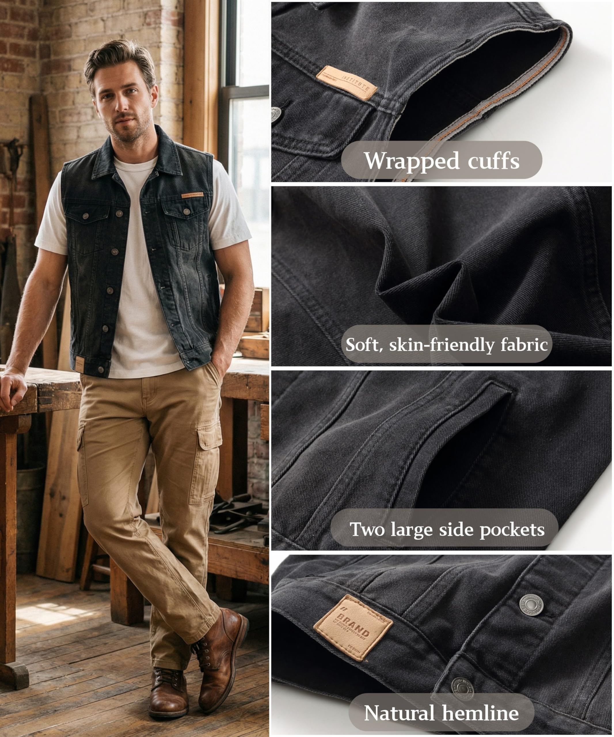 Gilet en Jeans pour Homme Vintage Denim Veste Classique Moto Gilet Décontractée Sans Manches en Jean Revers Denim Gilets