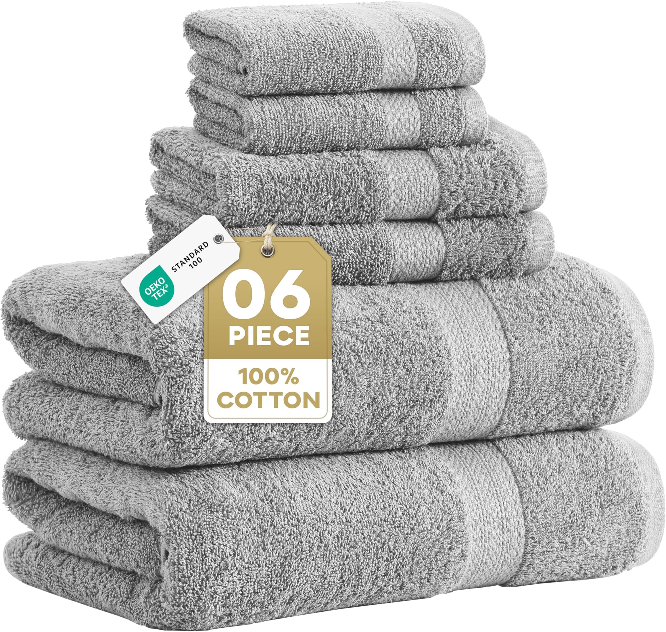 LANE LINEN 100% Cotton Turkish Towel Set for Bathroom - 6 Piece - Super Soft, Quick Dry & Highly Absorbent - 2 Bath, 2 Wash cloths, 2 Hand Towels - Hotel Quality, Durable & OEKO-TEX Certified - Grey